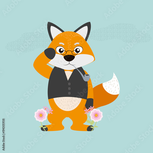 Fox cartoon qith glasses and tobacco pipe