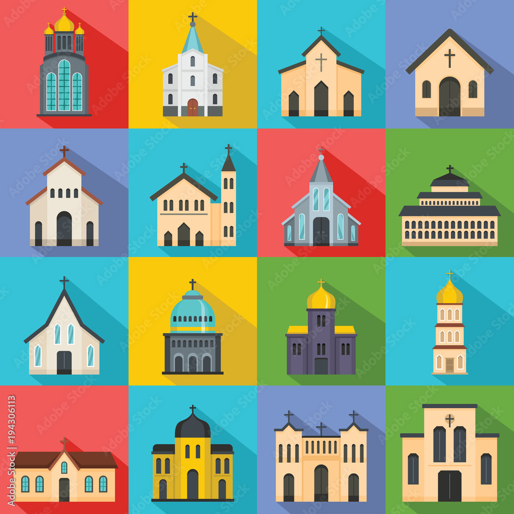Church building icons set. Flat illustration of 16 church building vector icons for web