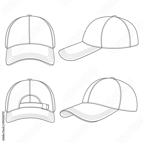 Set of black and white illustrations with a baseball cap. Isolated vector objects on white background.