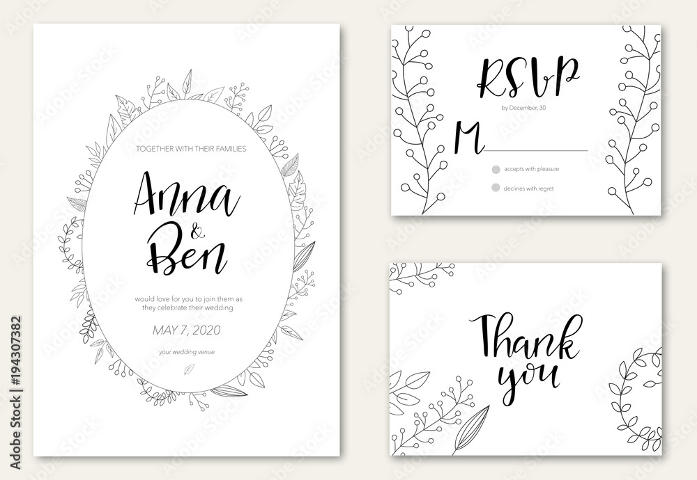 Vector illustration of white wedding invitation template with small leaves and flowers. 