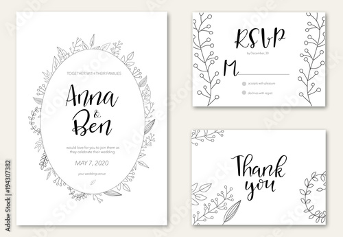 Vector illustration of white wedding invitation template with small leaves and flowers. 