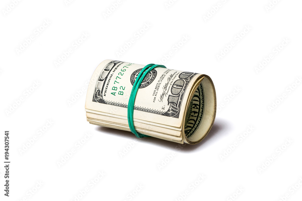 Roll of one hundred dollars banknotes isolated on white background Roll of one hundred dollars banknotes isolated on white background