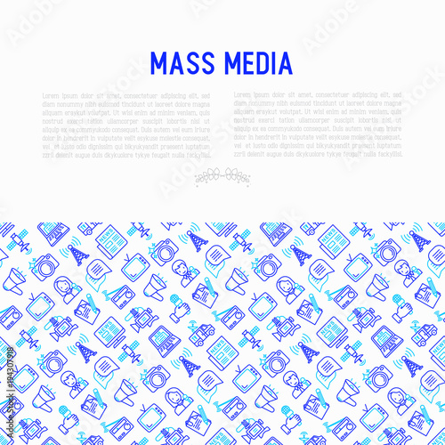 Mass media concept with thin line icons: journalist, newspaper, article, blog, report, radio, internet, interview, video, photo. Modern vector illustration for banner, print media, web page.