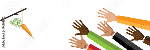 Incentive business concept. Multicultural group of men and women reaching for a dangling carrot on a stick. EPS10 vector illustration. Metaphor.