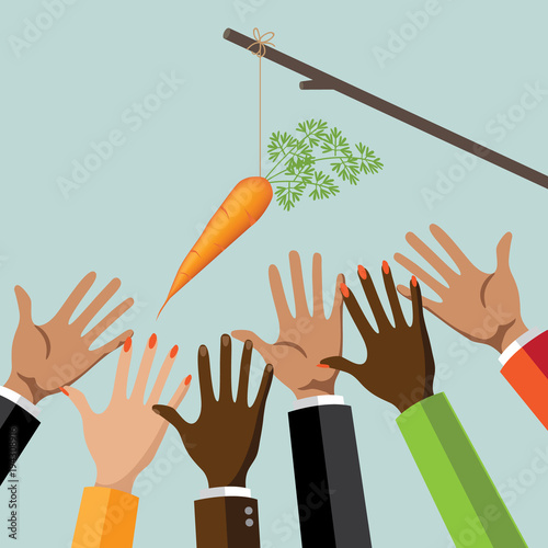 Incentive business concept. Multicultural group of men and women reaching for a dangling carrot on a stick. EPS10 vector illustration. Metaphor.