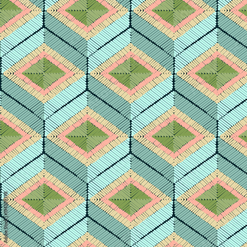 Seamless geometrical hexagonal vector pattern, satin stitch embroidery