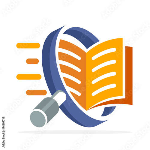 logo icon with search concept, reading, reviewing book. Illustrated with a magnifying glass and open book.