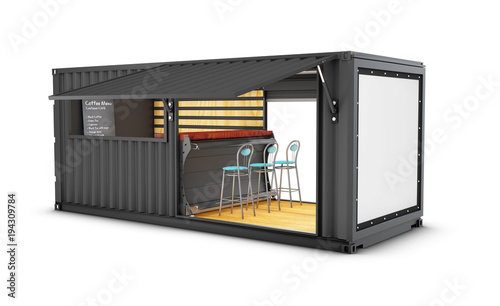 Old shipping container is converted into a chic coffee shop, 3d Illustration photo