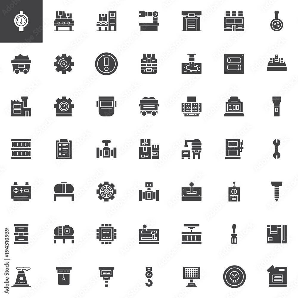 Factory, industry vector icons set, modern solid symbol collection, filled style pictogram pack. Signs, logo illustration. Set includes icons as gauge, conveyor, warehouse, mechanical  arm, containe