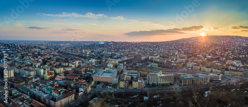 Budapest, Hungary - Panoramic aerial skyline view of the west Buda side of Budapest with railway station and Buda Hills at background at sunset