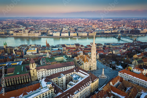 Budapest, Hungary - Aerial skyline view of Buda side of Budapest with the famous Matthias Church, Fisherman's Bastion, Szechenyi Chain Bridge and Parliament of Hungary at winter time