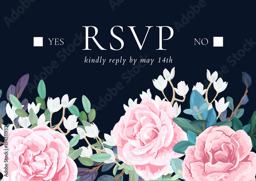 Dark wedding design with pink roses, eucaliptus branches and white flowers. Refined reception card design. Vector illustration.