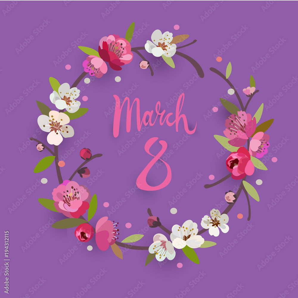 Obraz premium March 8 Women's Day greeting card with a floral wreath frame.