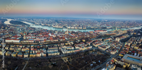 Budapest, Hungary - Aerial panoramic skyline view of Budapest at sunset. This view includes the Parliament of Hungary, Margaret Island and Bridge, Matthias Church and Buda Castle Royal Palace
