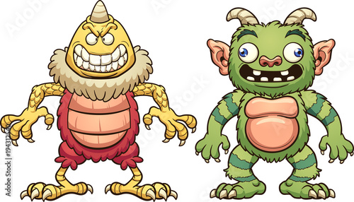 Cartoon monsters with interchangeable body parts. Vector clip art illustration with simple gradients. Some elements on separate layers. 