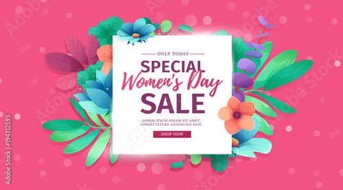 Banner for the International Happy Women's Day. Flyer for  sale March 8 with the decor of floral.  Design horiznotal Web offer with a pattern  flowers for advertising and discount. Vector photo