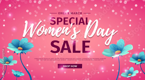 Horizontal banner for sale International  Happy Women's Day on flower background. Flyer for March 8 with the decor of floral. Invitations with  frame and flower for offer and discount. Vector 