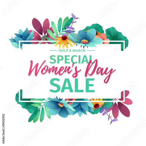 Horizontal banner for sale International  Happy Women's Day on flower background. Flyer for March 8 with the decor of floral. Invitations with  frame and flower for offer and discount. Vector 
