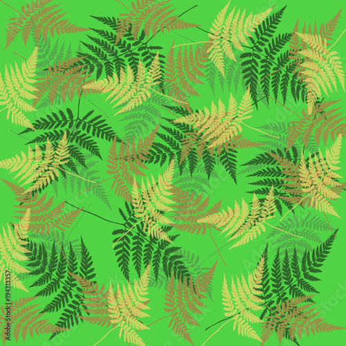 Scattered leaves of ferns on a green vivid background.