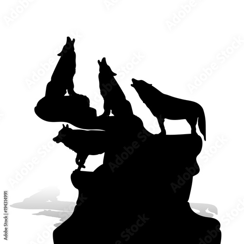 A flock of wolves howling at the moon, on top of a mountain, silhouette on a white background,