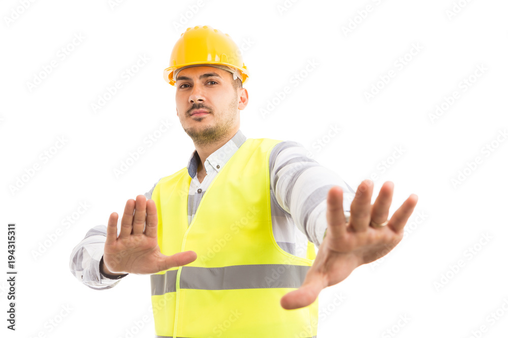 Engineer or foreman acting scared defending gesture. Engineer or foreman acting scared defending gesture.
