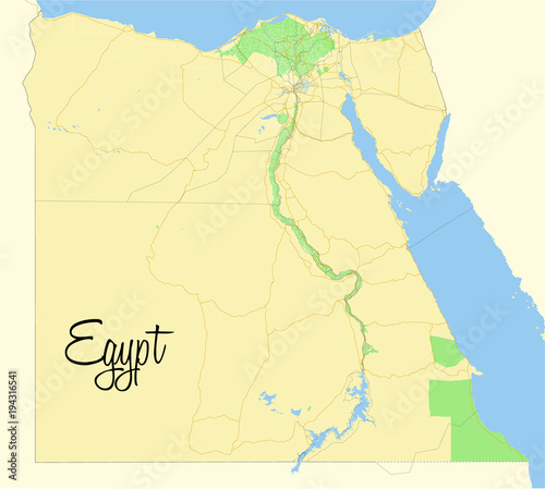 Egypt. Vector map.  Geographic map detailed with the designation of roads, parks, sea.