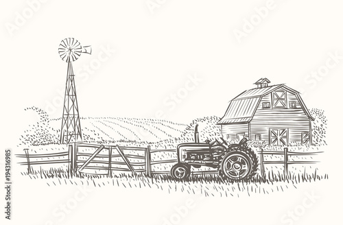 Rustic farm landscape hand drawn illustration. Vector. 