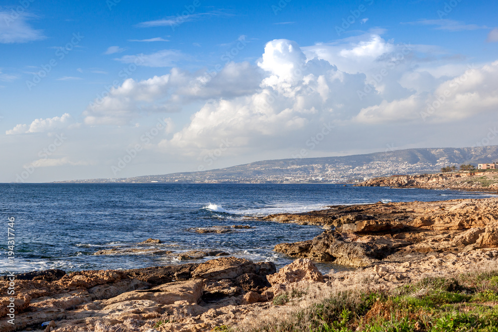 a fantastic stunning colorful landscape, a blue sea shore, the coast of Cyprus, the neighborhood of Paphos
