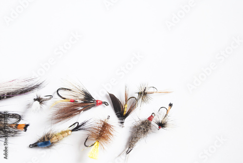 Isolated dry fishing flies. A lot of fishing flies. Background on white