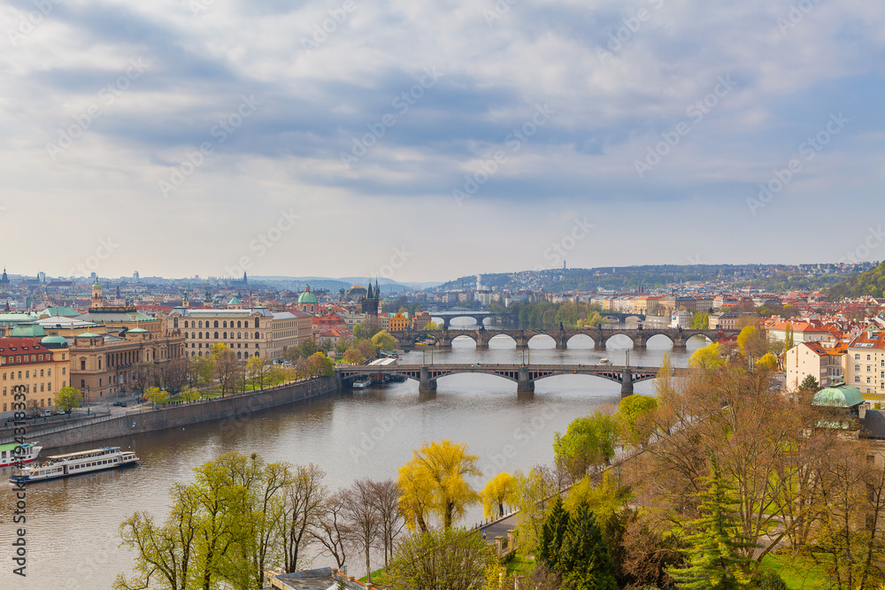 Scenic view of bridges on the Vltava river and historical center of Prague,buildings and landmarks of old town. Prague,Czech Republic