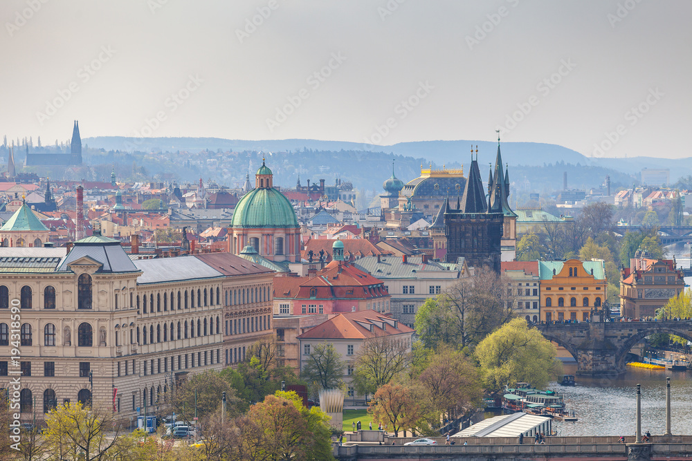 Prague rooftops. Beautiful aerial view of historic center area architecture with red roofs.