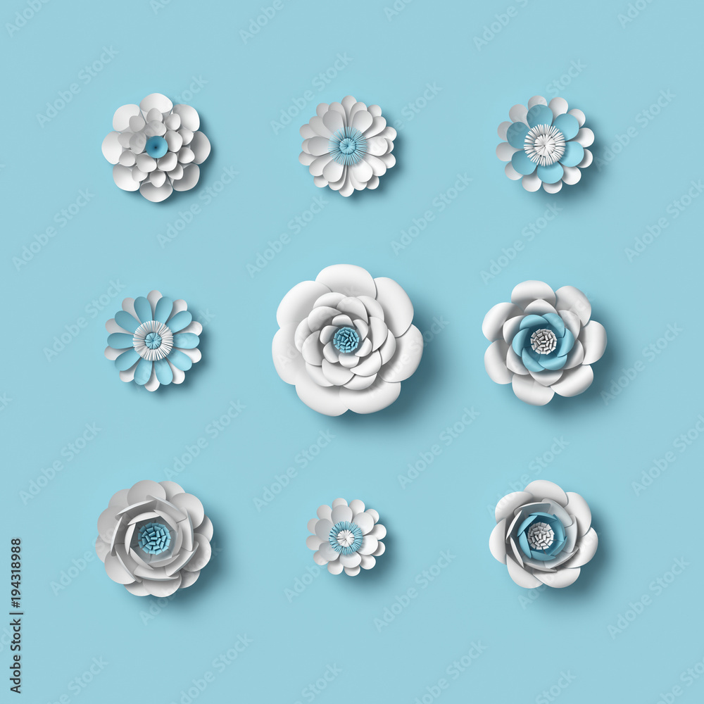 3d rendering, white paper flowers on blue background, isolated floral design elements, botanical clip art set, bridal bouquet, papercraft wedding wall decoration
