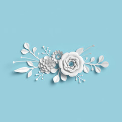 3d rendering, white paper flowers on blue background, isolated botanical clip art, bridal bouquet, wedding wall decoration, floral border