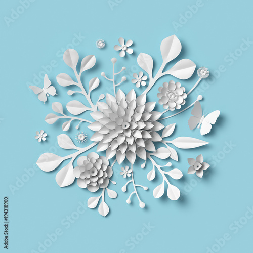 3d rendering, white paper flowers on blue background, isolated botanical clip art, round bridal bouquet, wedding wall decoration, floral design