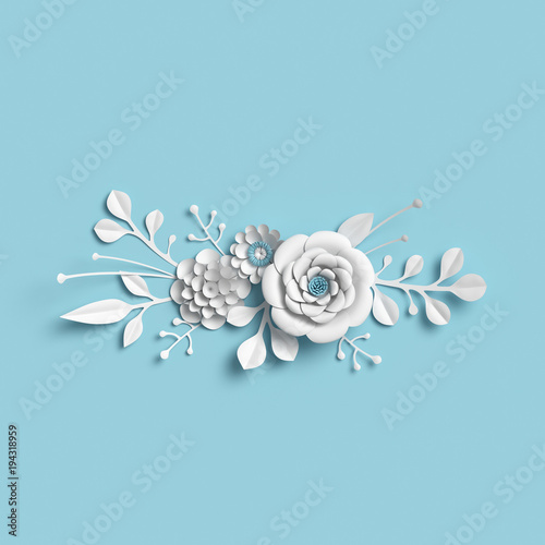 Fotografering 3d rendering, white paper flowers on blue background, isolated botanical clip ar