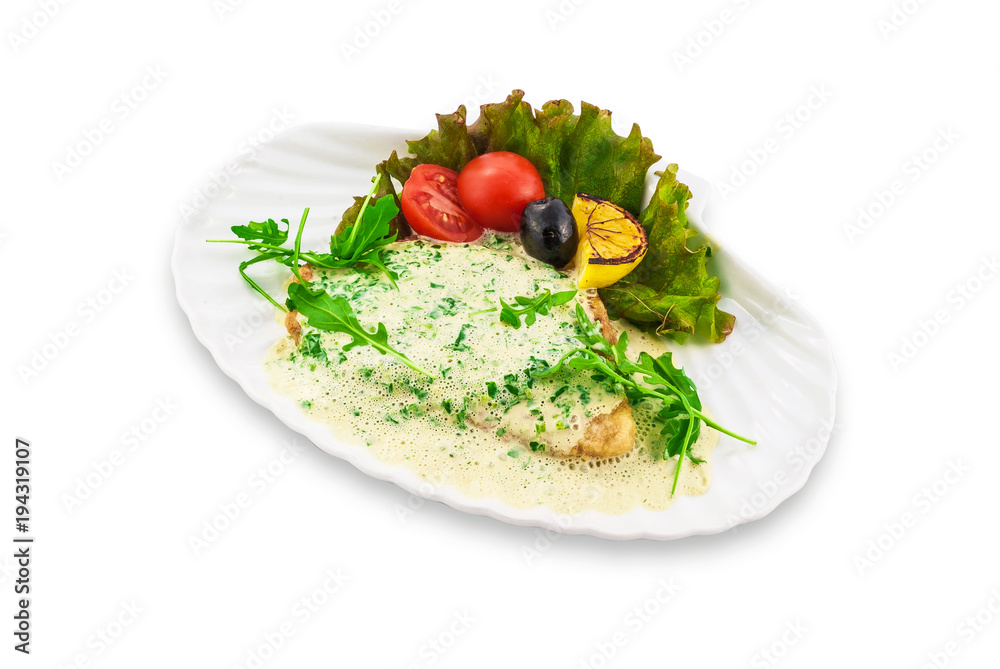 Pancake stuffed with white sauce, decorated with green leaves on a white plate. Clipping path.