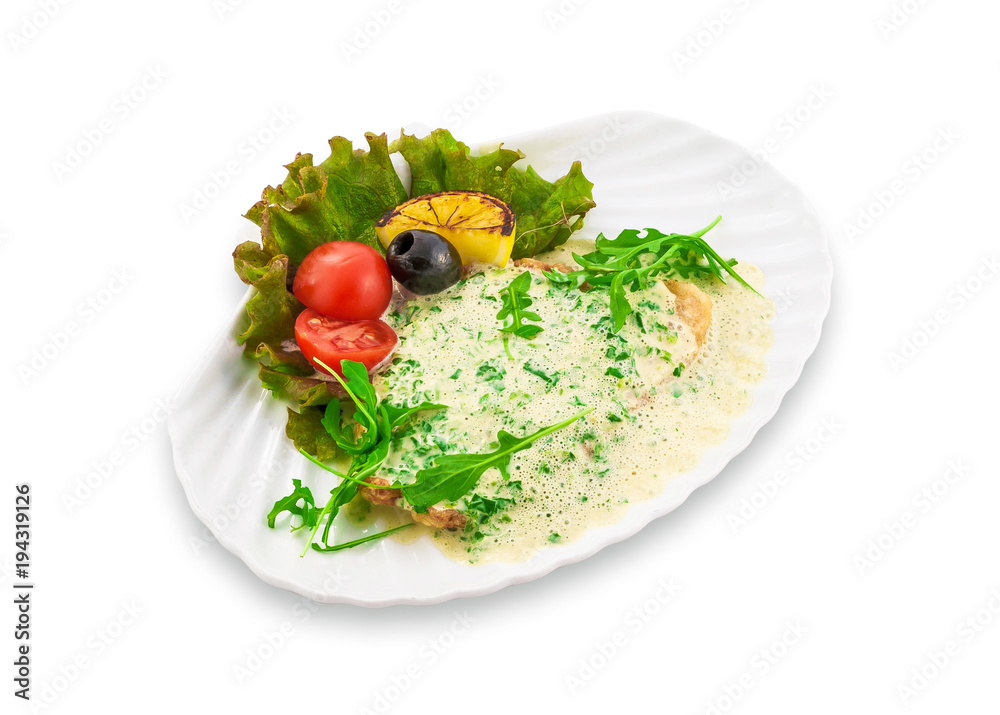 Pancake stuffed with white sauce, decorated with green leaves on a white plate. Clipping path. Pancake stuffed with white sauce, decorated with green leaves on a white plate. Clipping path.