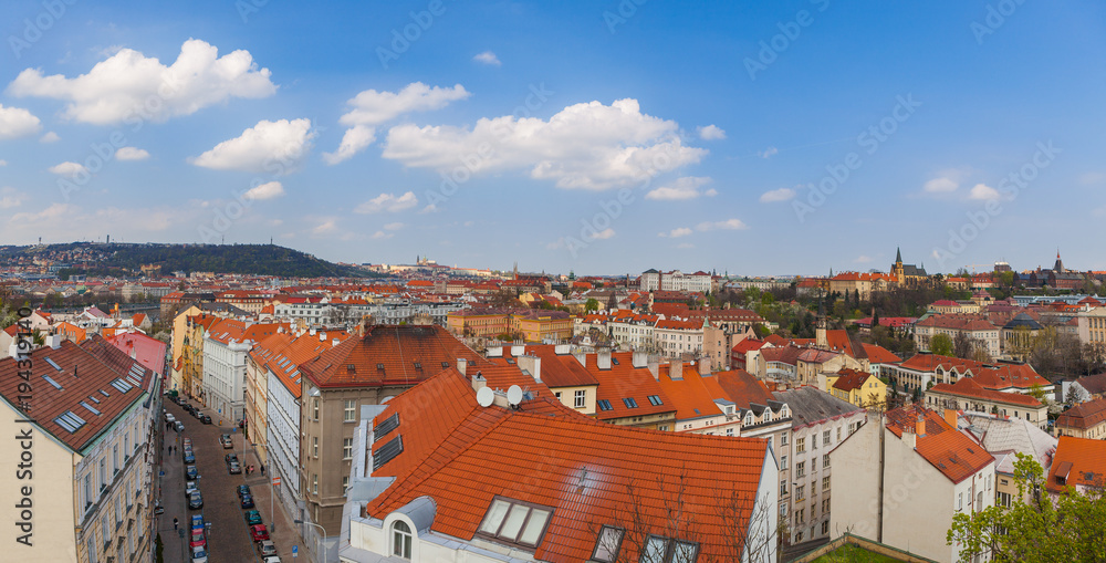 Prague rooftops. Beautiful aerial wide panoramic view of Czech baroque architecture and streets.
