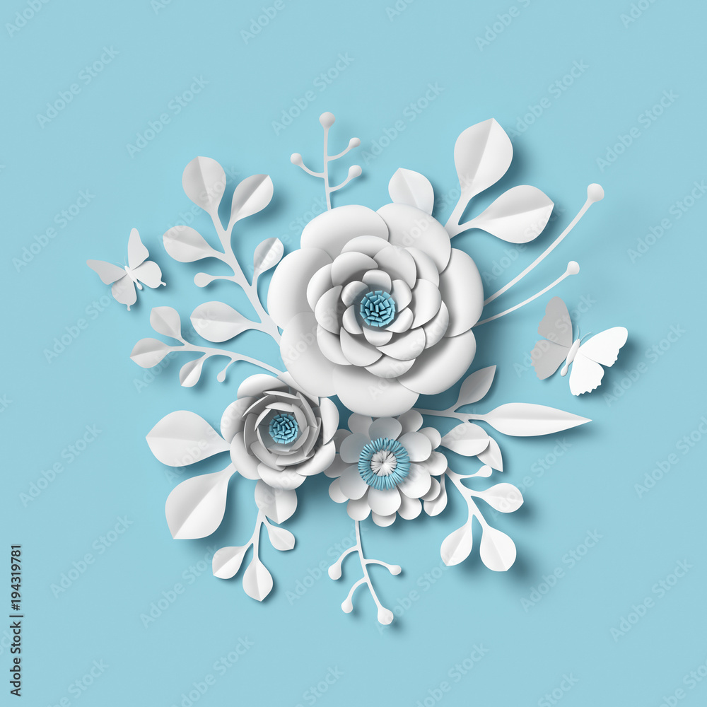 3d rendering, white paper flowers on blue background, isolated