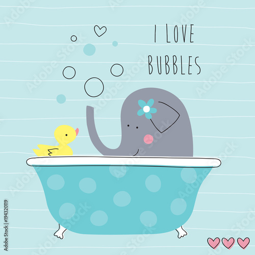 cute elephant bathing in tub with duck vector illustration