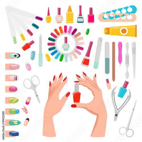 Nail Art Samples and Tools Vector Illustration