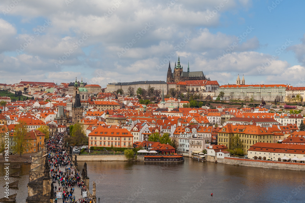 Panoramic view of Charles bridge, Prague castle and Vltava river in Prague, Czech Republic