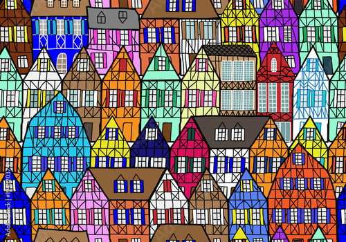 TRADITIONAL TIMBER FRAMING HOUSE FACEADE. SEAMLESS VECTOR PATTERN.