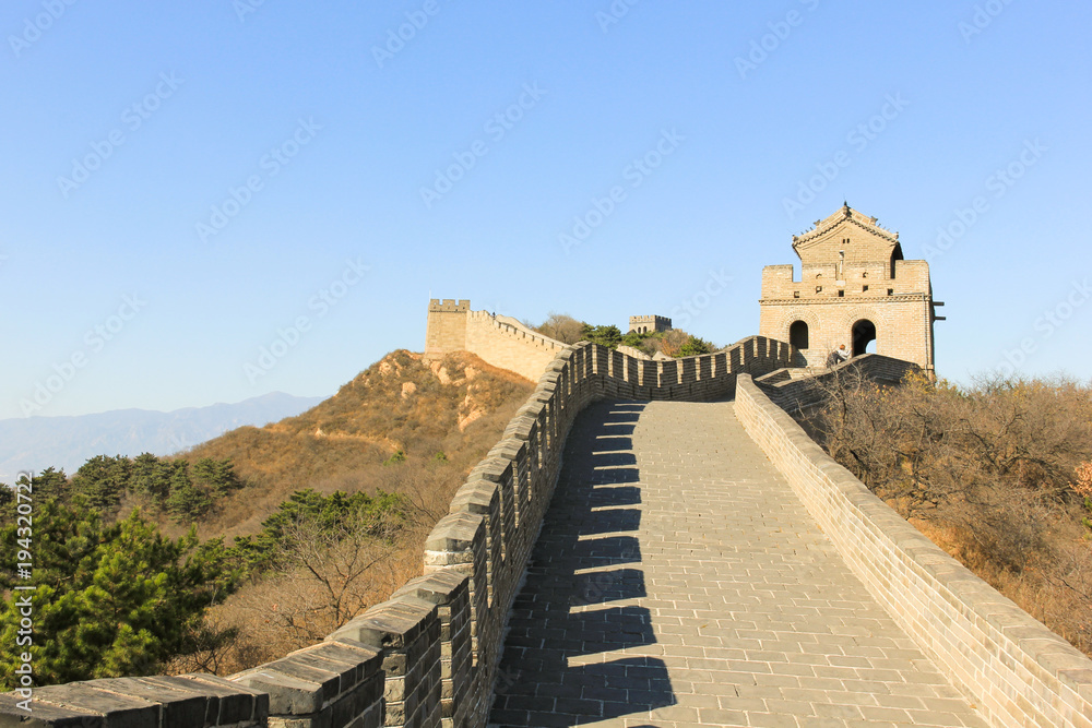 A tower on the top of the Great Wall in Badaling, outside of Beijing, China. Asian ancient architecture, historic landmark, defense, protection concept