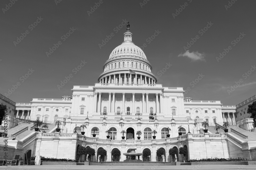 United States Capitol Building in Washington DC, in black and white. Impressive architecture of iconic landmark. Power, legislation, concept