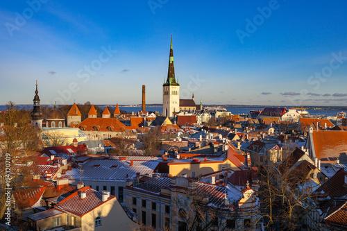 Tallinn old town architecture ensemble. Aerial view of towers, red roofs and biggest church