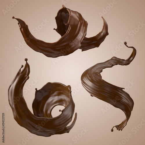 3d render, chocolate splash, wavy jets, liquid clip art collection, isolated design elements