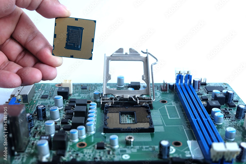 Close up installing cpu and motherboard, parts computer pc, on white  background Stock Photo | Adobe Stock