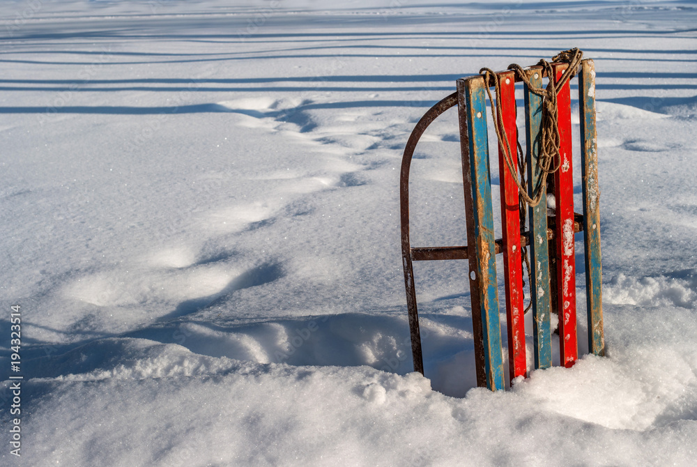 Sledges in the snow. Old children's sleds stand upright in the snow. Winter season. Seat with blue and red wooden slats. Sledges in the snow. Old children's sleds stand upright in the snow. Winter season. Seat with blue and red wooden slats.