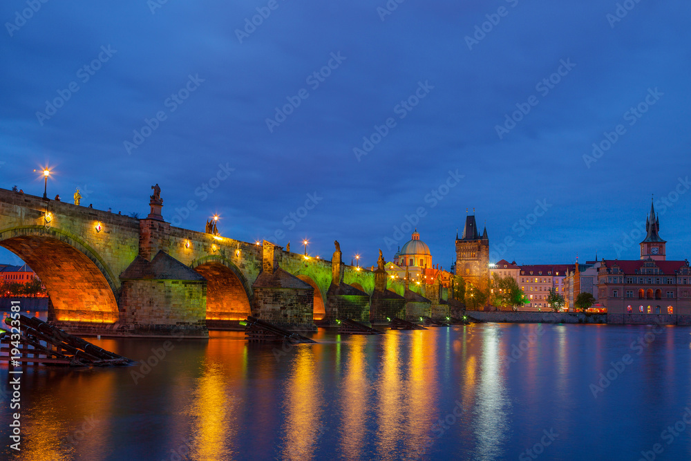 Night and illuminated Charles Bridge, Prague, Czech Republic